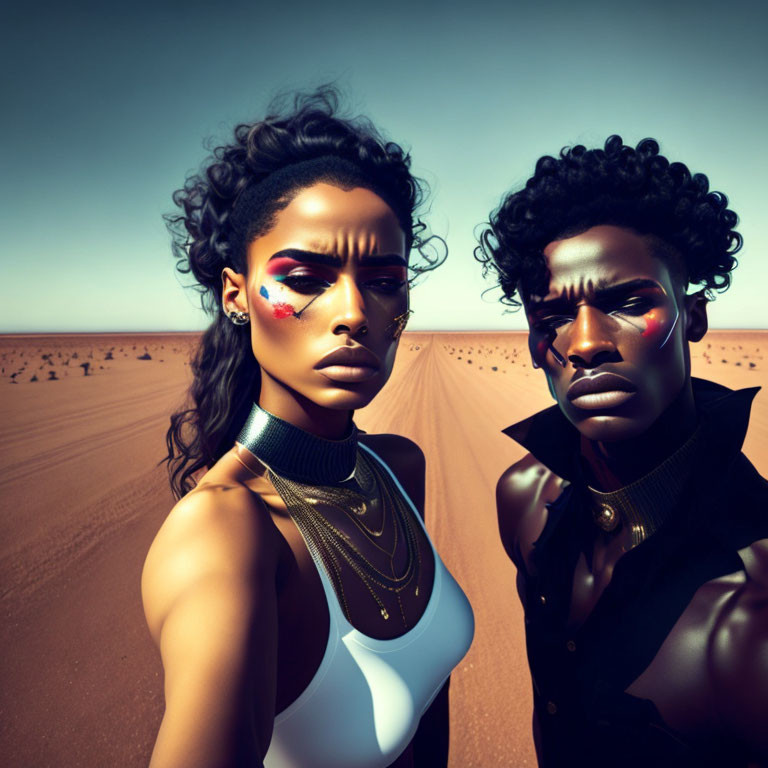 Stylized individuals with superhero mask makeup in desert landscape