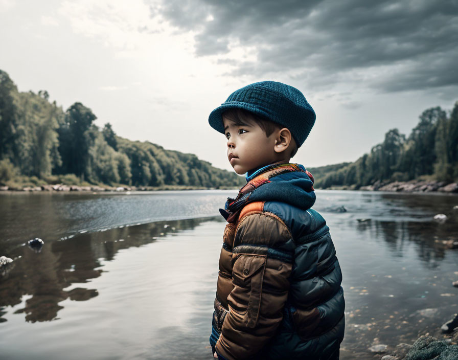 Child in blue hat and jacket by river, looking at forest under cloudy sky