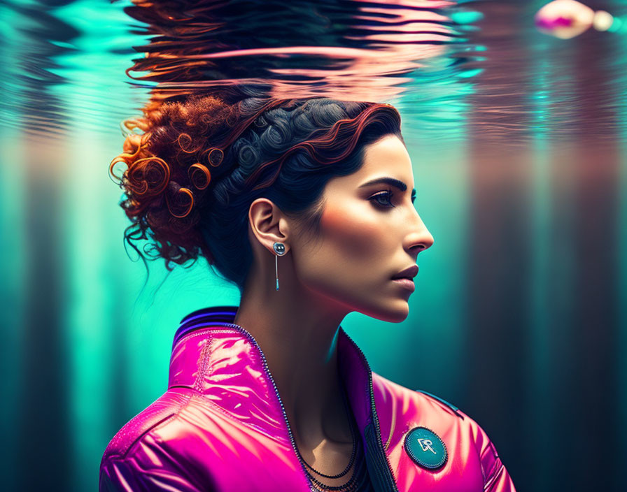 Styled Hair Woman in Pink Jacket Against Colorful Abstract Background