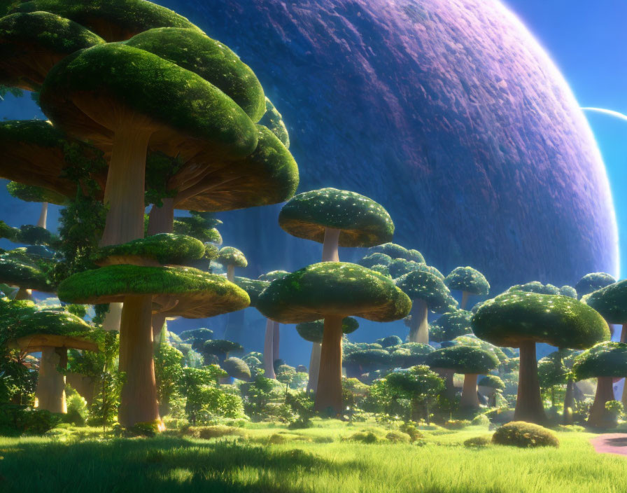 Enormous mushroom-shaped trees in a magical forest with a giant planet in the sky