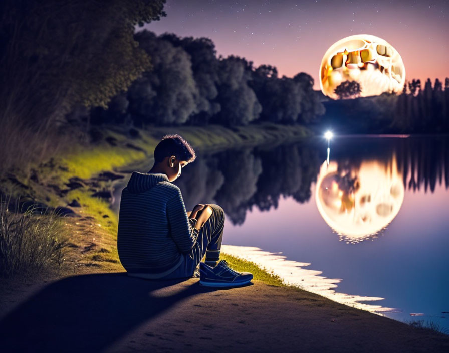 Person gazes at surreal oversized moon over calm lake