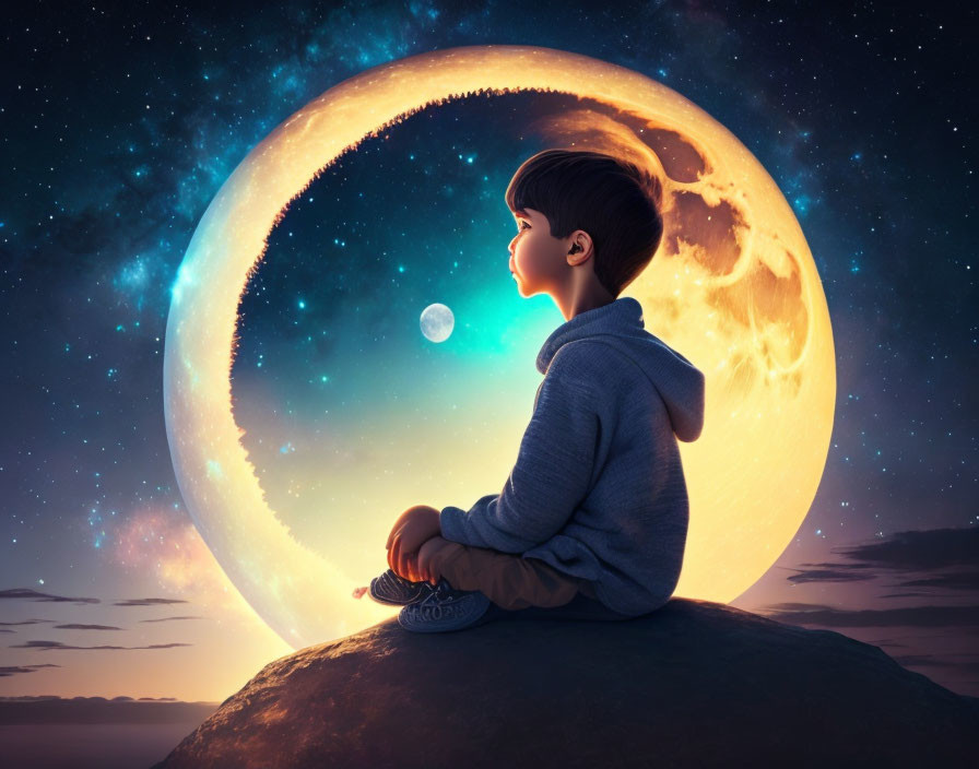 Boy sitting on rock under luminous moon in starry night sky