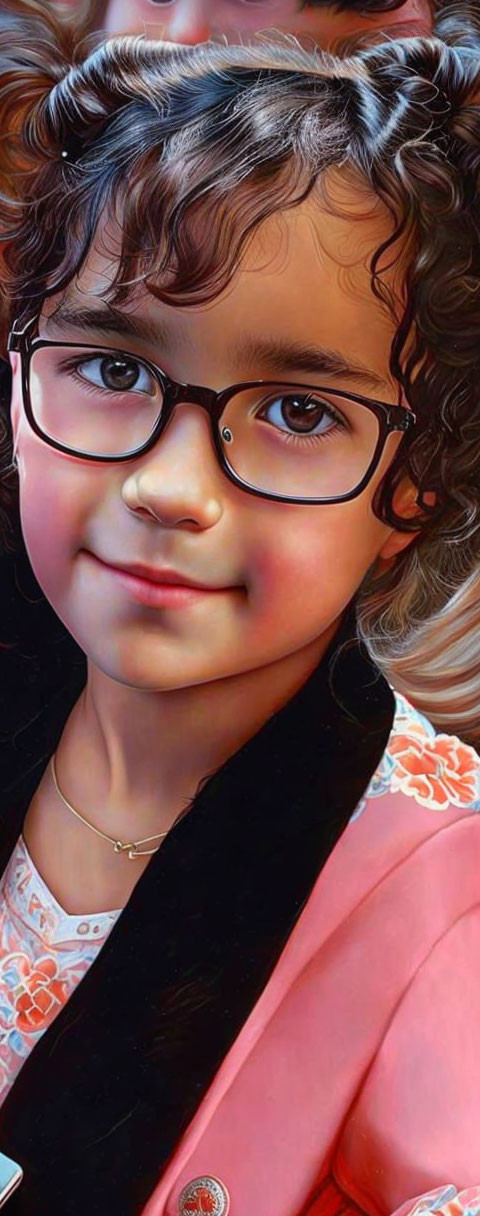 Young girl with curly hair in glasses smiles in pink dress and black jacket