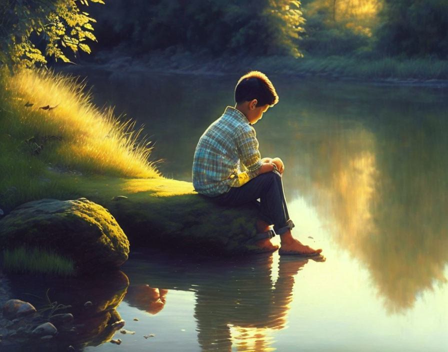 Boy sitting on grassy riverbank under sunlight.