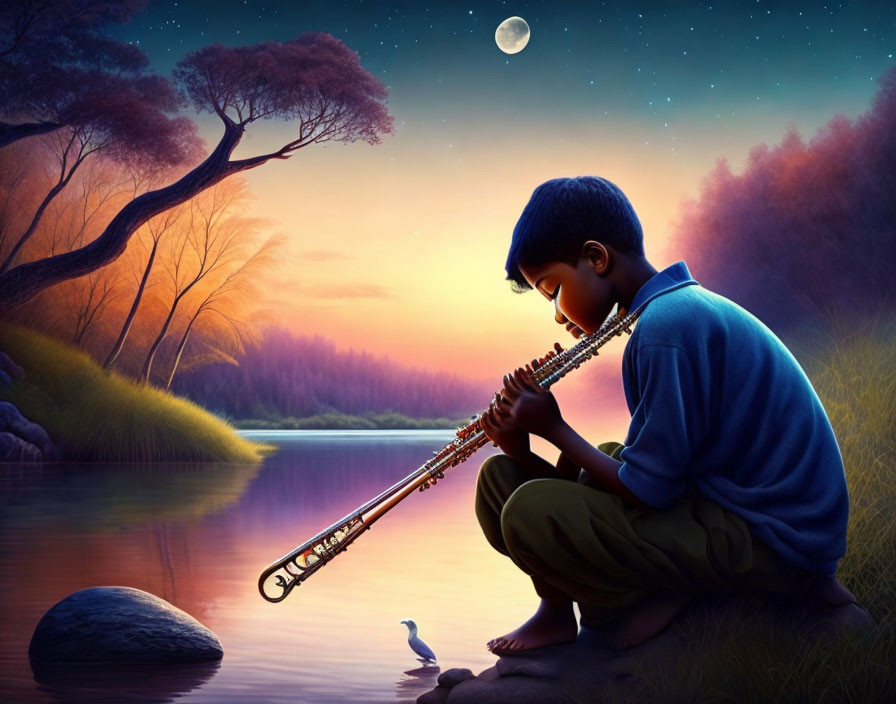 Boy playing flute by river at twilight with bird under starry sky