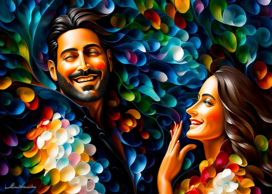 Colorful Abstract Digital Art with Smiling Man and Woman