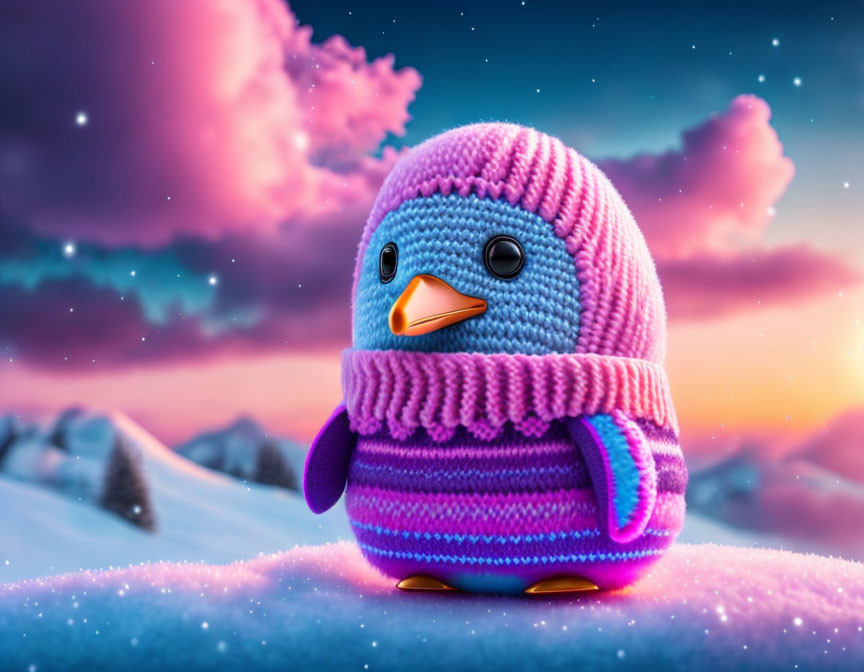 Knitted toy penguin in pink scarf on snowy twilight landscape