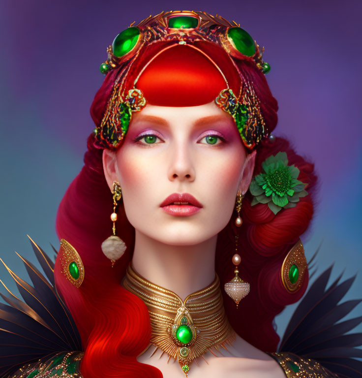 Red-haired woman wearing green and gold headdress and necklace with floral details