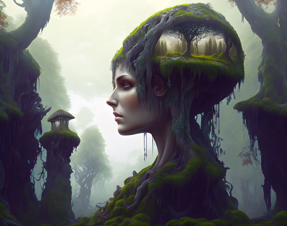 Surreal portrait of woman merging with mossy forest landscape