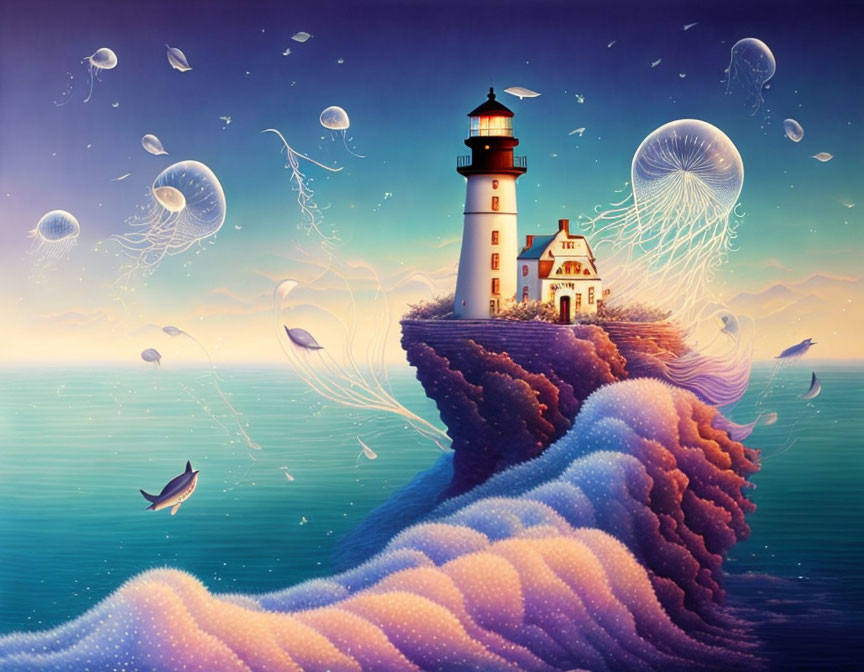 Surreal artwork: lighthouse, jellyfish, bird in oceanic sky