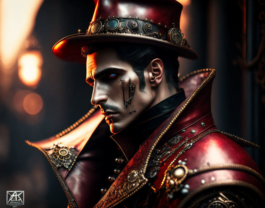 Stylized steampunk portrait with top hat and leather coat