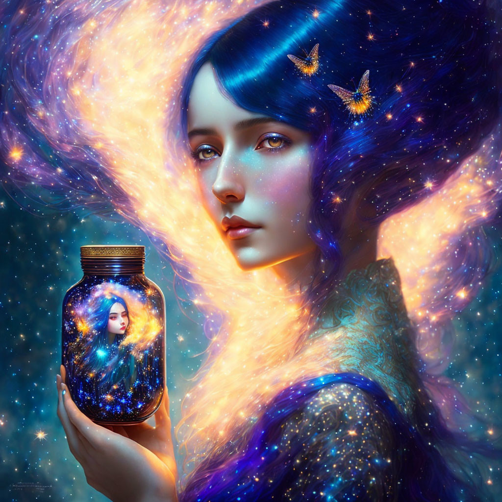 Surreal portrait: Woman with blue hair holding galaxy jar, surrounded by celestial butterflies