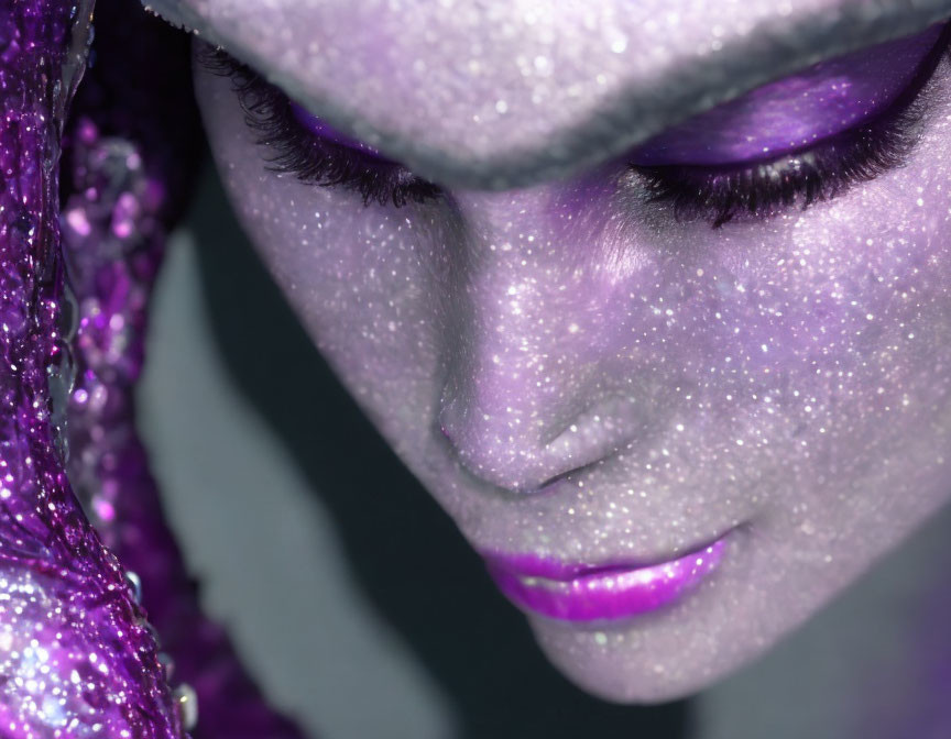 Person with glittery purple makeup and lipstick, closed eyes with vibrant purple eyeshadow.