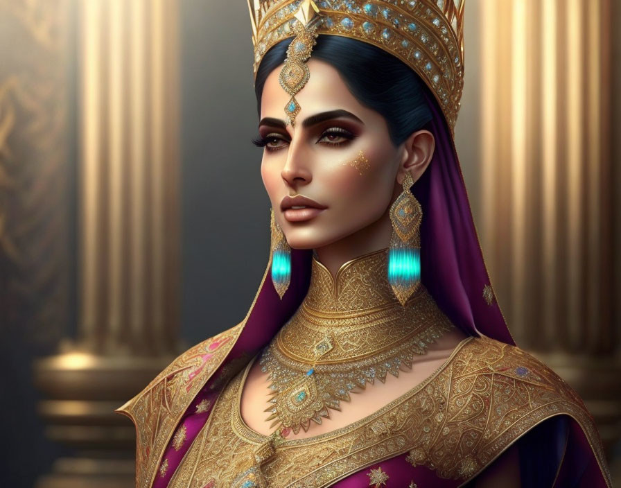 Regal woman with golden crown and purple outfit on golden columned background