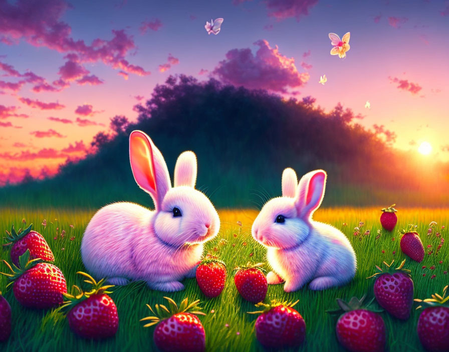 Fluffy rabbits among strawberries in vibrant meadow at sunset