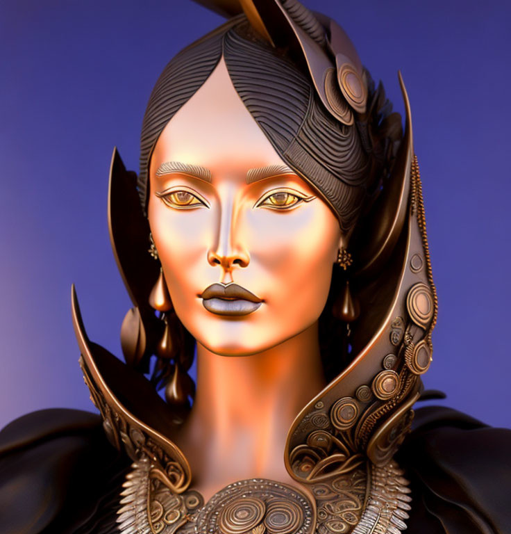 Golden-skinned woman in black and gold headpiece and armor - mystical and regal aura