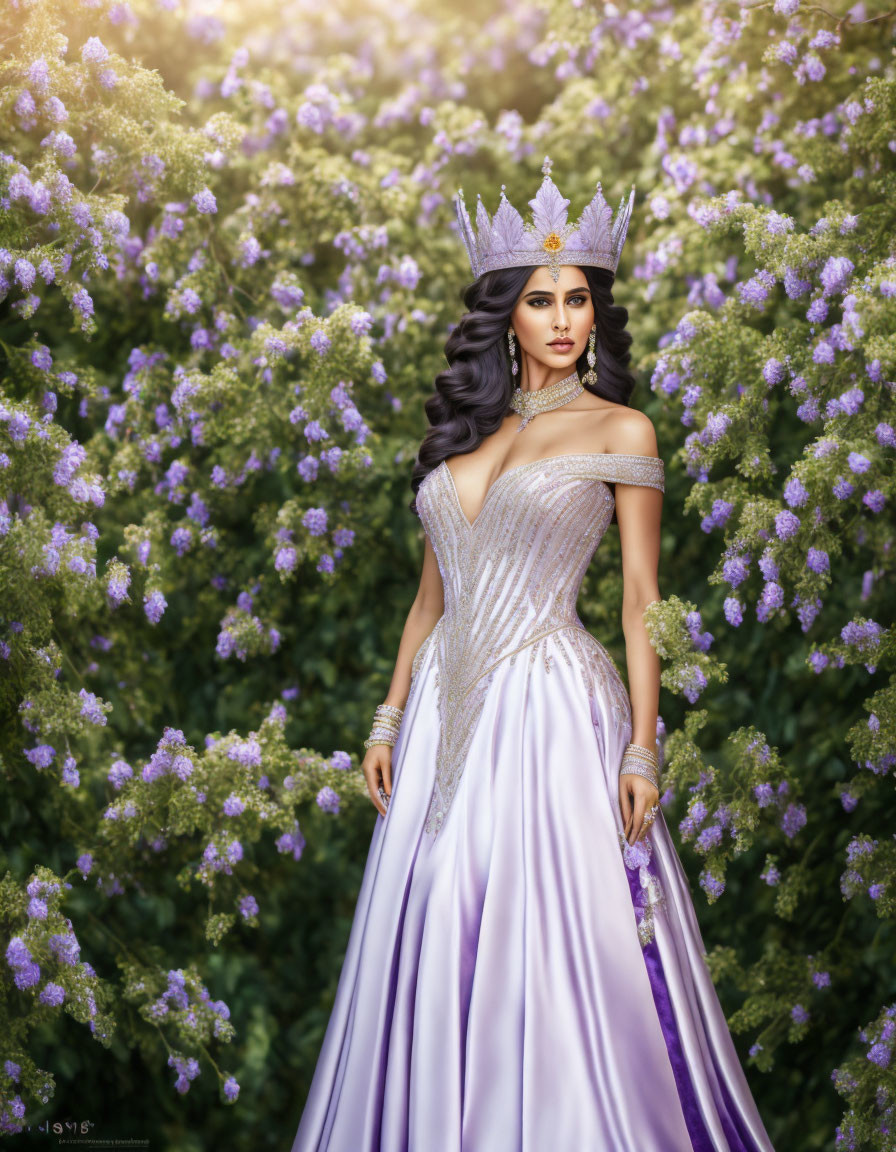 Regal woman in lilac gown and crown among lush purple flowers