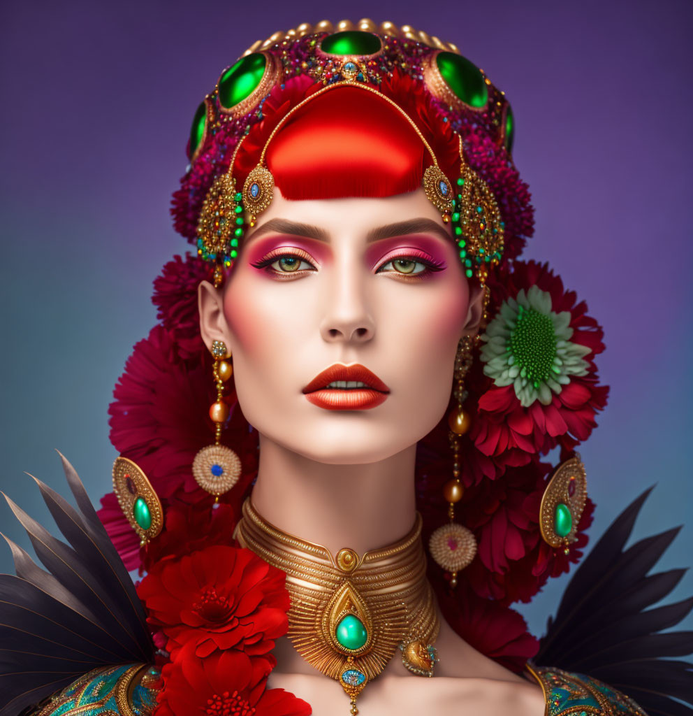 Stylized portrait of woman with red and gold headdress and jewelry on purple background