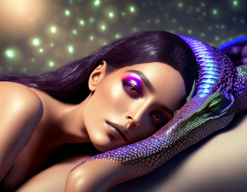 Woman with purple makeup beside colorful iridescent snake on glowing green backdrop