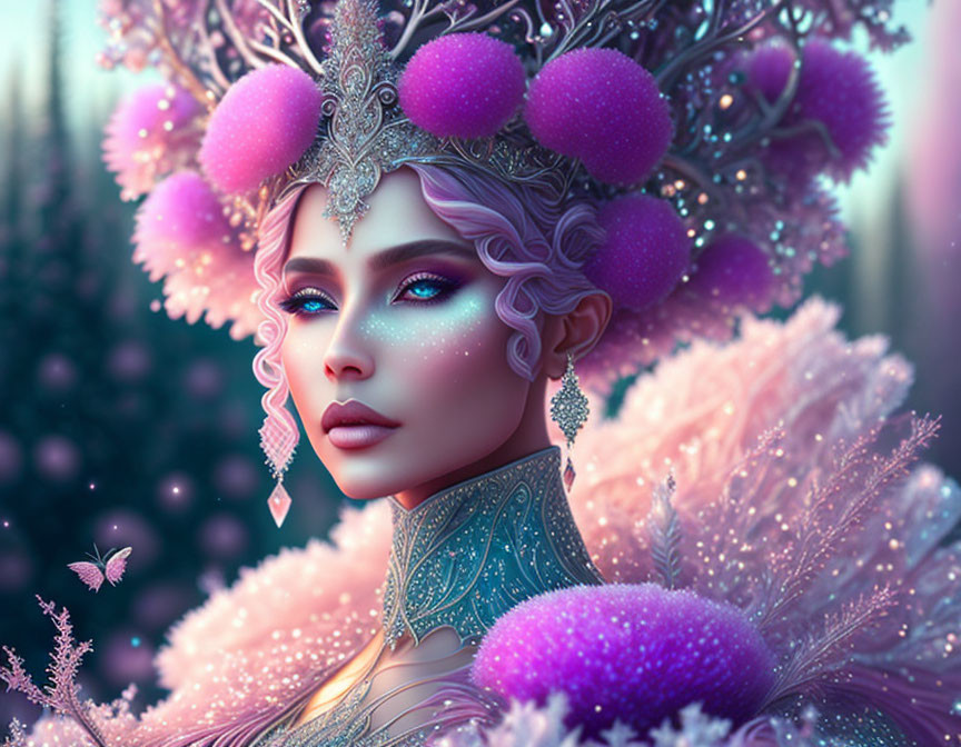 Fantasy illustration of woman with pink and teal headgear, surrounded by butterflies