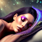 Woman with purple makeup beside colorful iridescent snake on glowing green backdrop