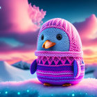 Knitted toy penguin in pink scarf on snowy twilight landscape