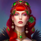 Stylized portrait of woman with red and gold headdress and jewelry on purple background