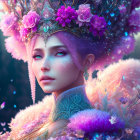 Fantasy illustration of woman with pink and teal headgear, surrounded by butterflies