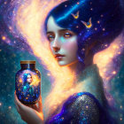 Surreal portrait: Woman with blue hair holding galaxy jar, surrounded by celestial butterflies