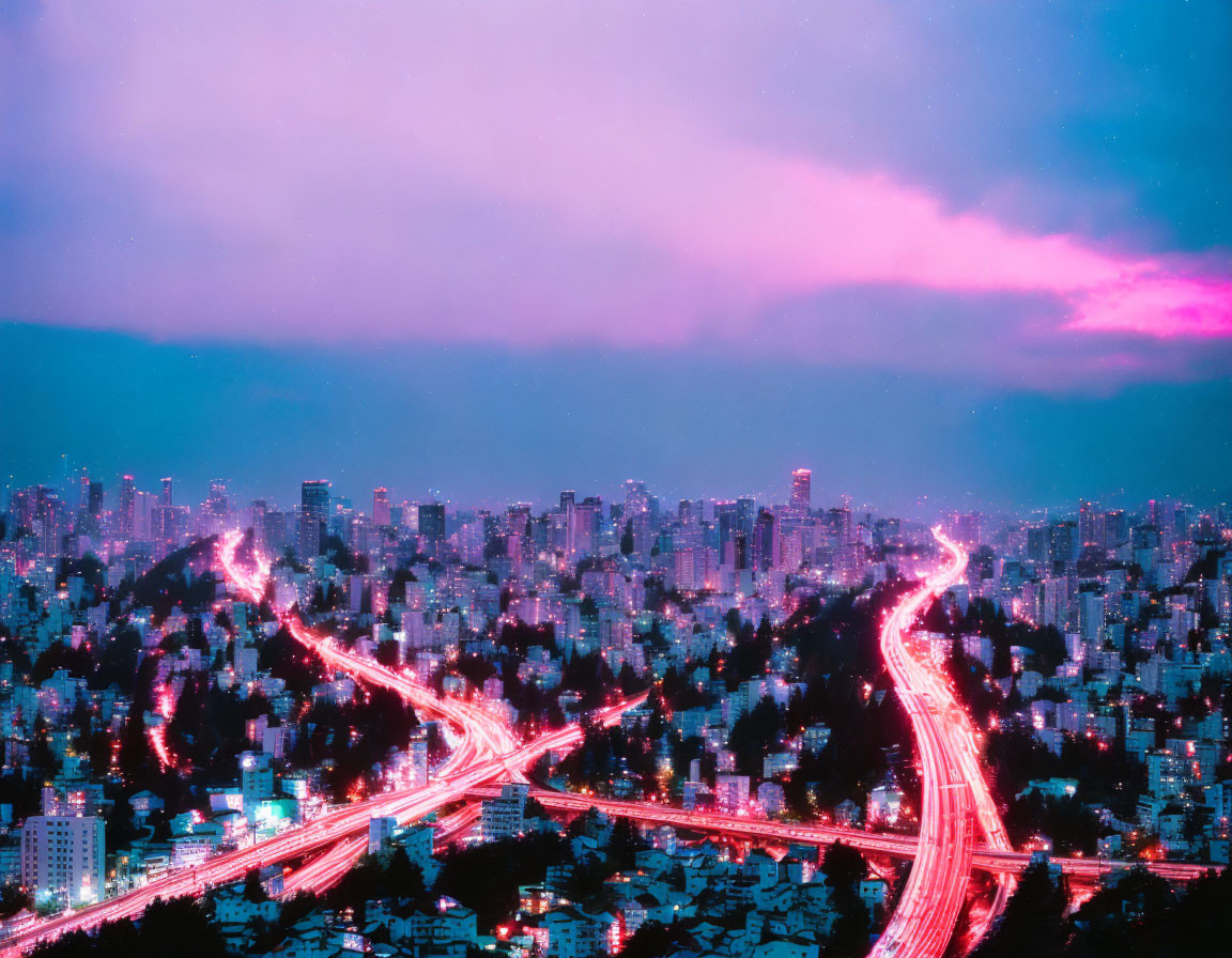 Vibrant cityscape at dusk: purple skies, light trails, busy roads, dense buildings