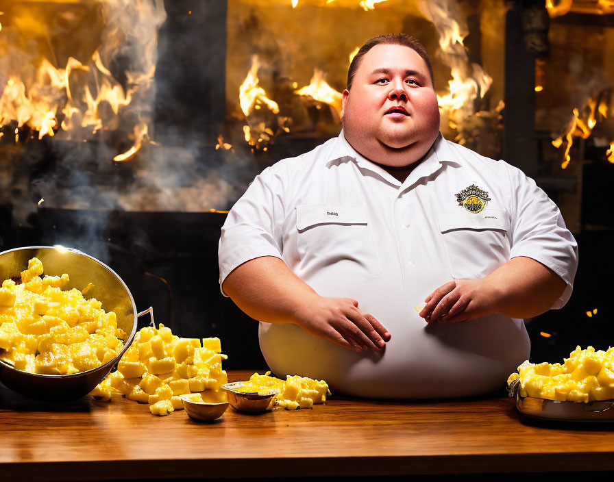 Man in White Shirt with Bowls of Mac and Cheese and Flames