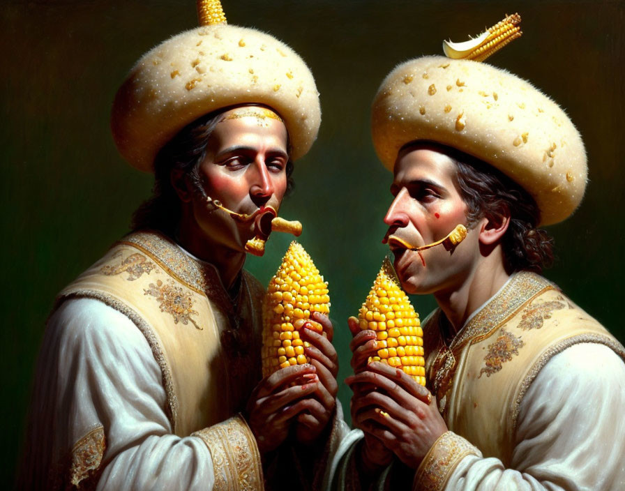 Two people in ornate attire eating corn on the cob in traditional headpieces