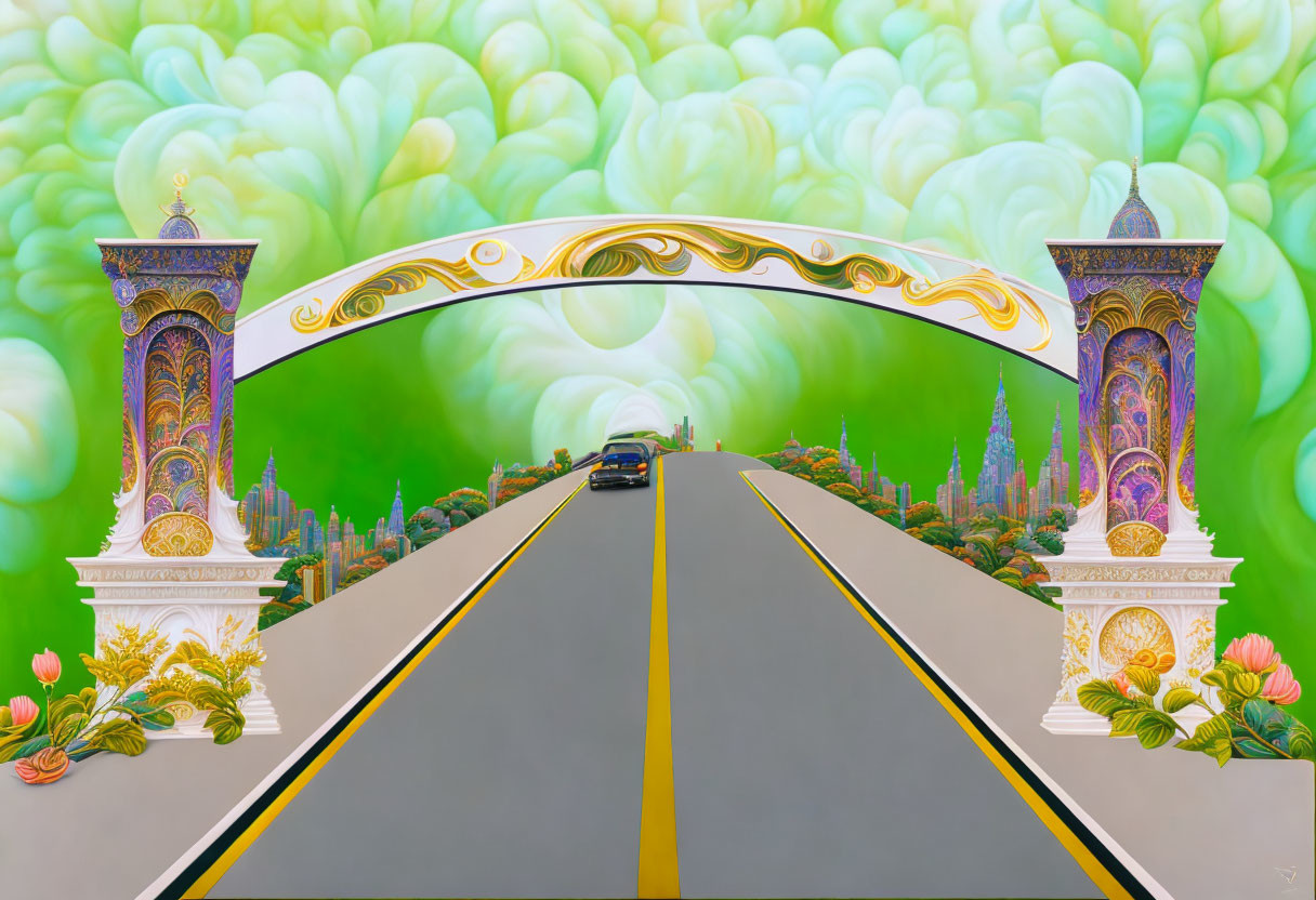 Surreal painting: Road to ornate tunnel with green clouds