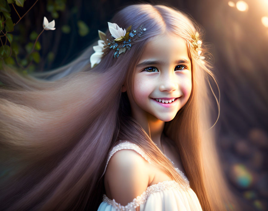 Smiling girl with long hair and white flowers in sunny nature scene