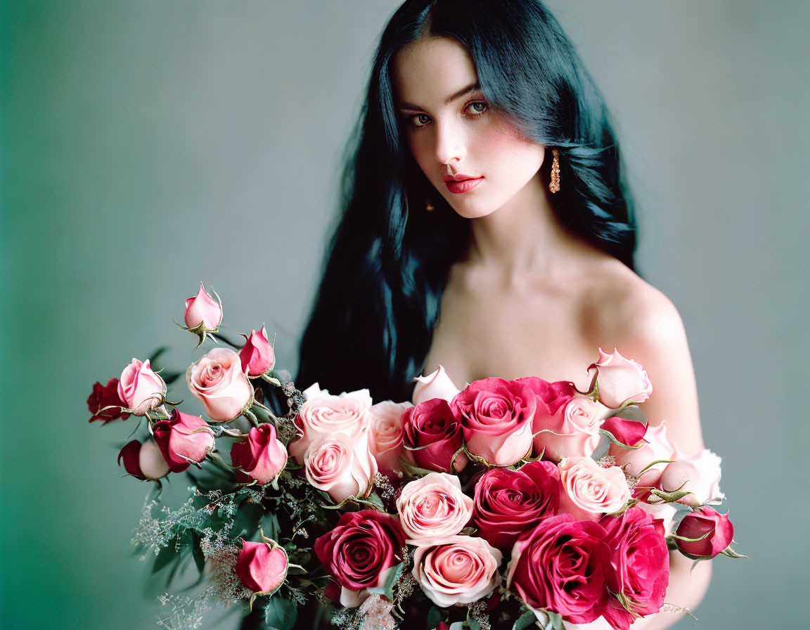 Woman with Dark Hair Holding Pink Roses on Green Background