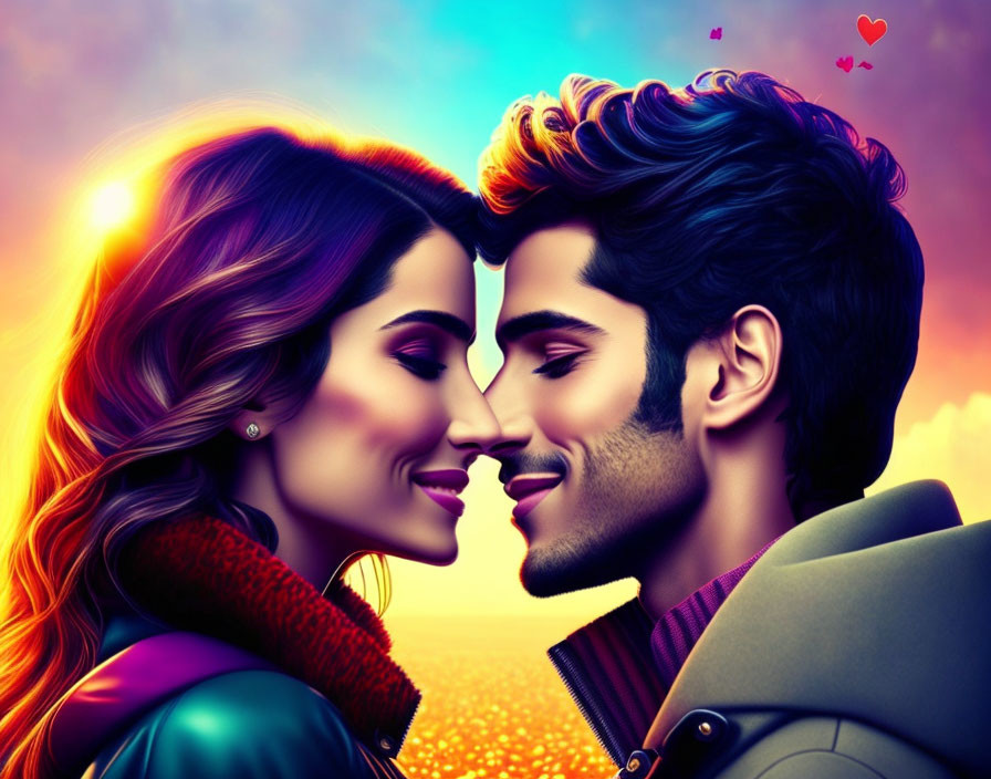 Colorful digital illustration: Romantic couple touching foreheads