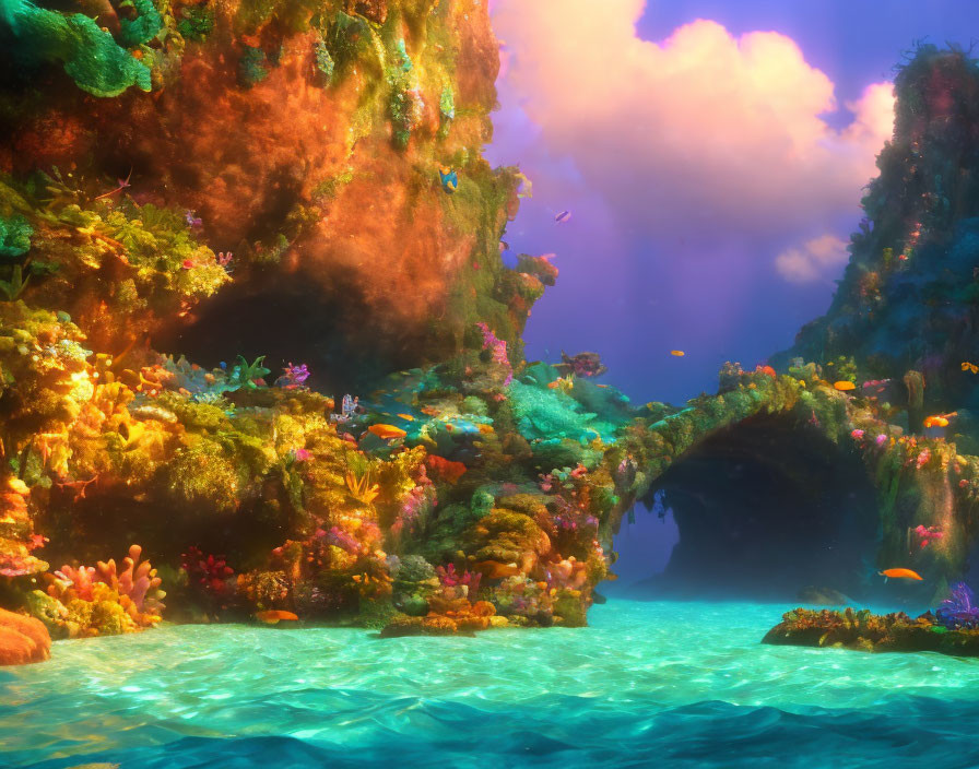 Colorful Fish and Coral Reef in Clear Blue Waters with Rock Archway