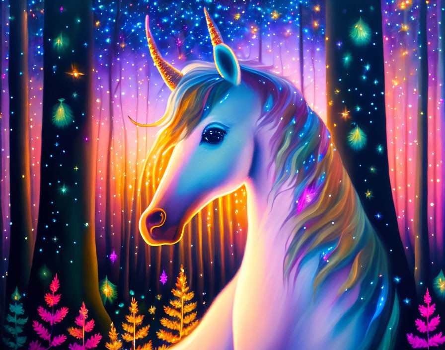 Colorful Unicorn with Glowing Horn in Starry Forest