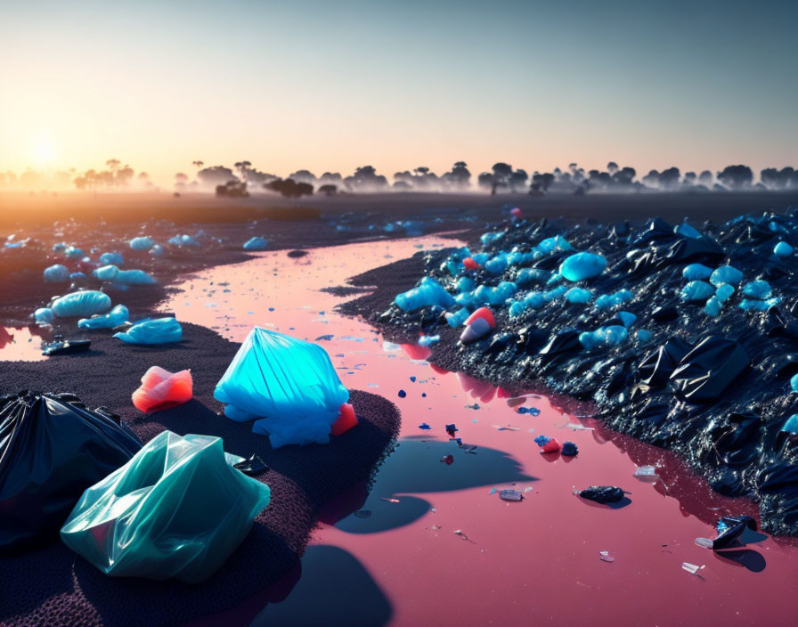 Surreal landscape with pink sky and plastic waste art piece