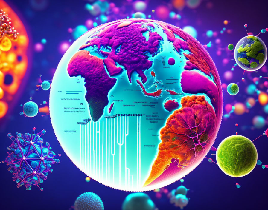 Colorful Globe Infographic with Virus Illustrations on Purple Background