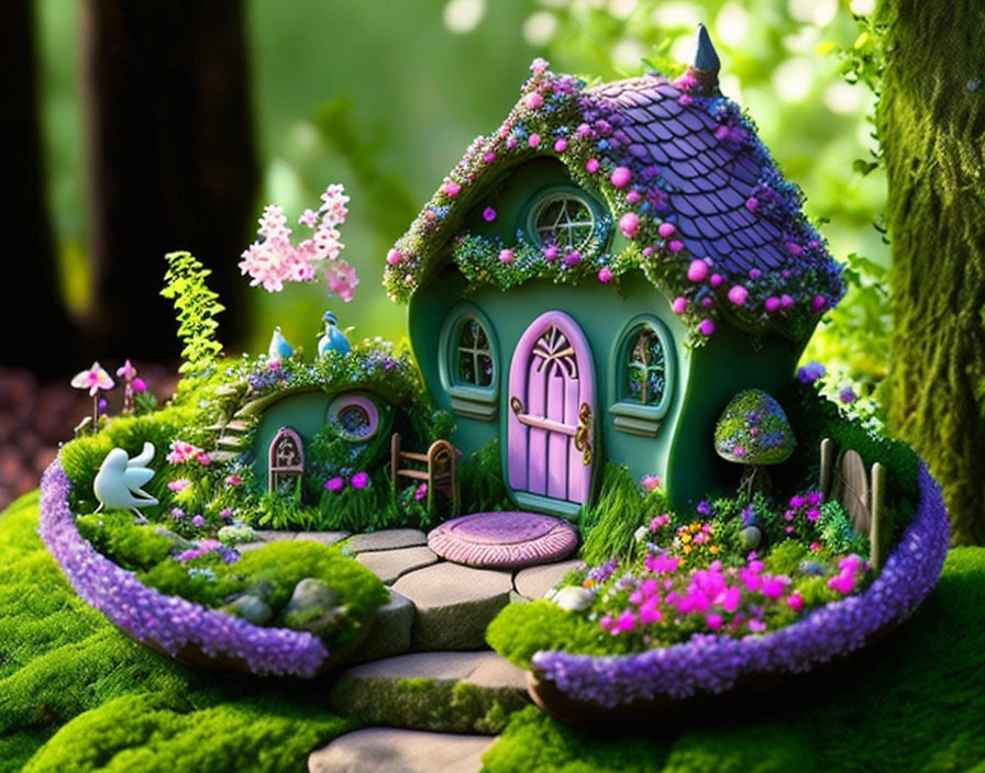 Miniature fairy-tale cottage with snail in forest garden