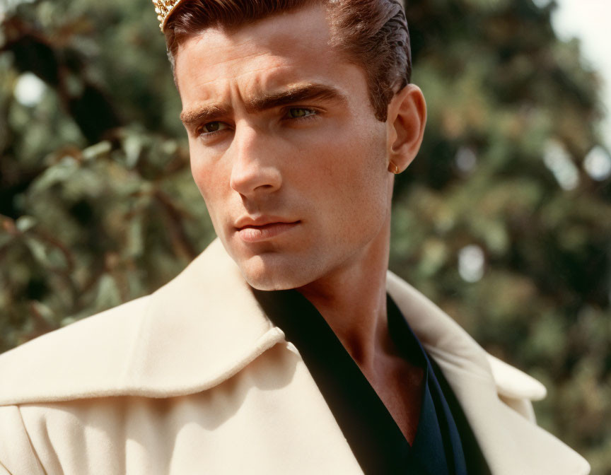 Man in Cream Coat with Slicked-Back Hair gazes ahead