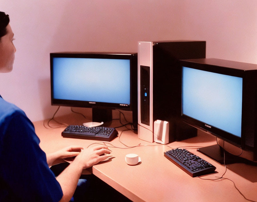 Person at desk with dual monitors, keyboard, and mouse on blank screens