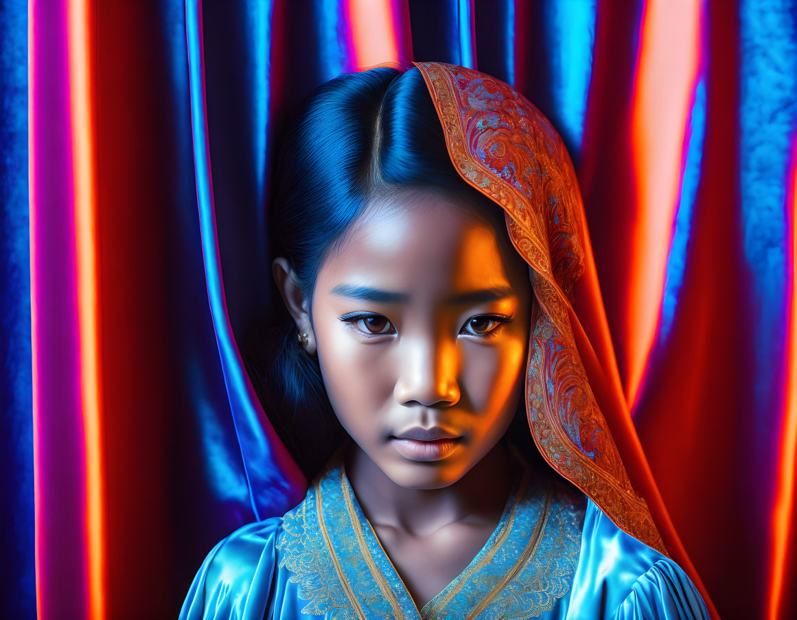 Young girl in traditional attire against vibrant blue and red backdrop with contemplative gaze