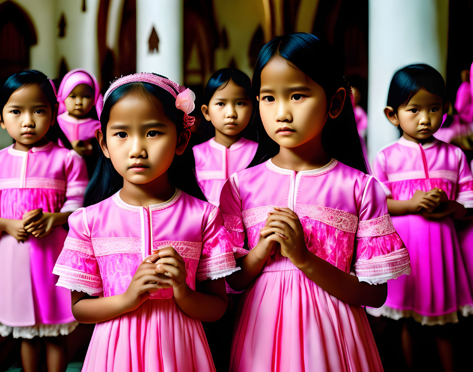 Young girls in matching pink dresses with traditional details standing solemnly indoors