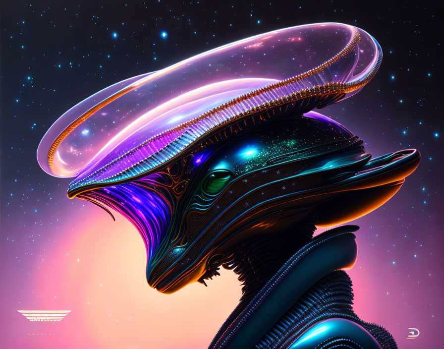 Colorful digital artwork of an alien with glowing helmet in space.