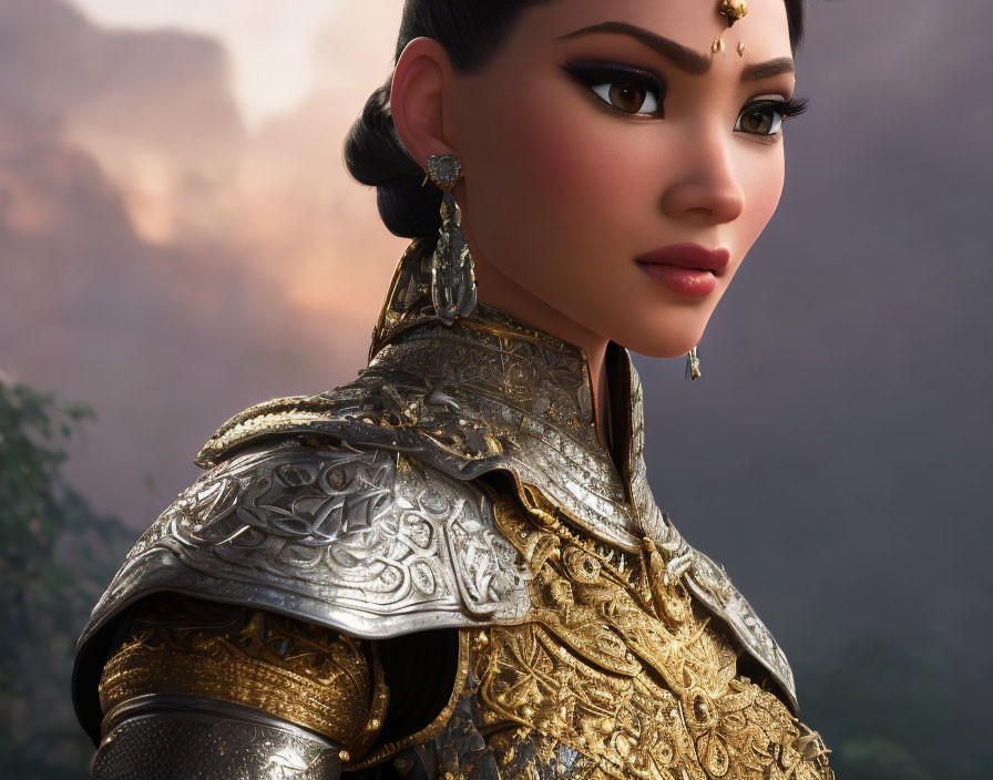 Female warrior in ornate golden armor against dusky sky