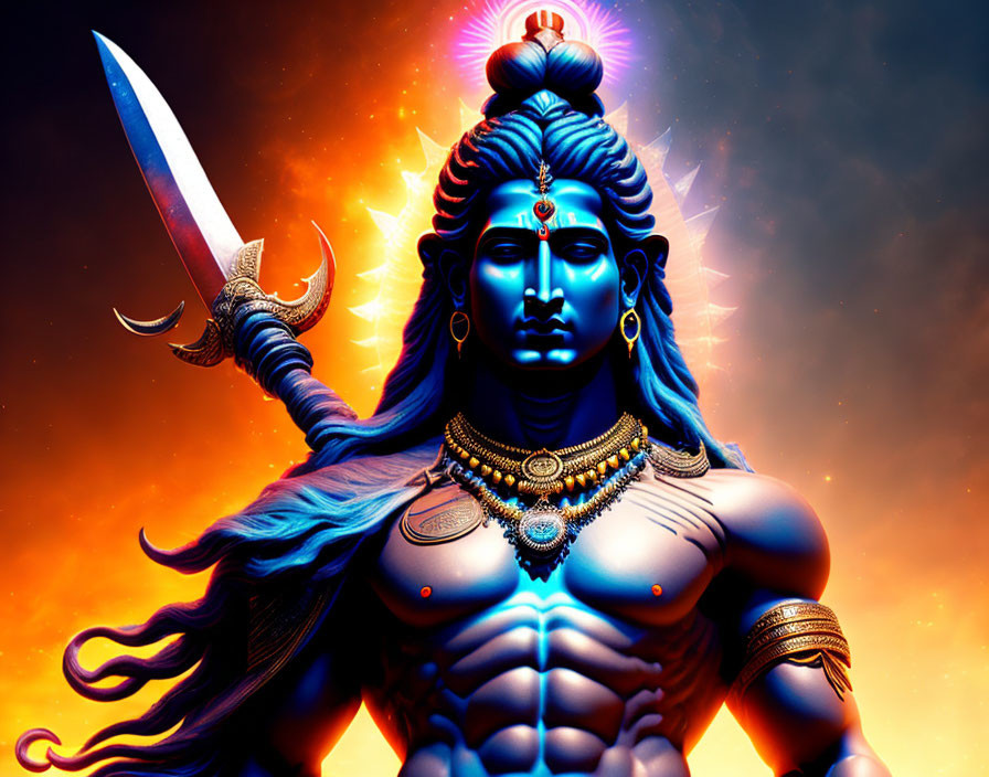 Blue-skinned multi-armed deity with trident and sword in fiery setting