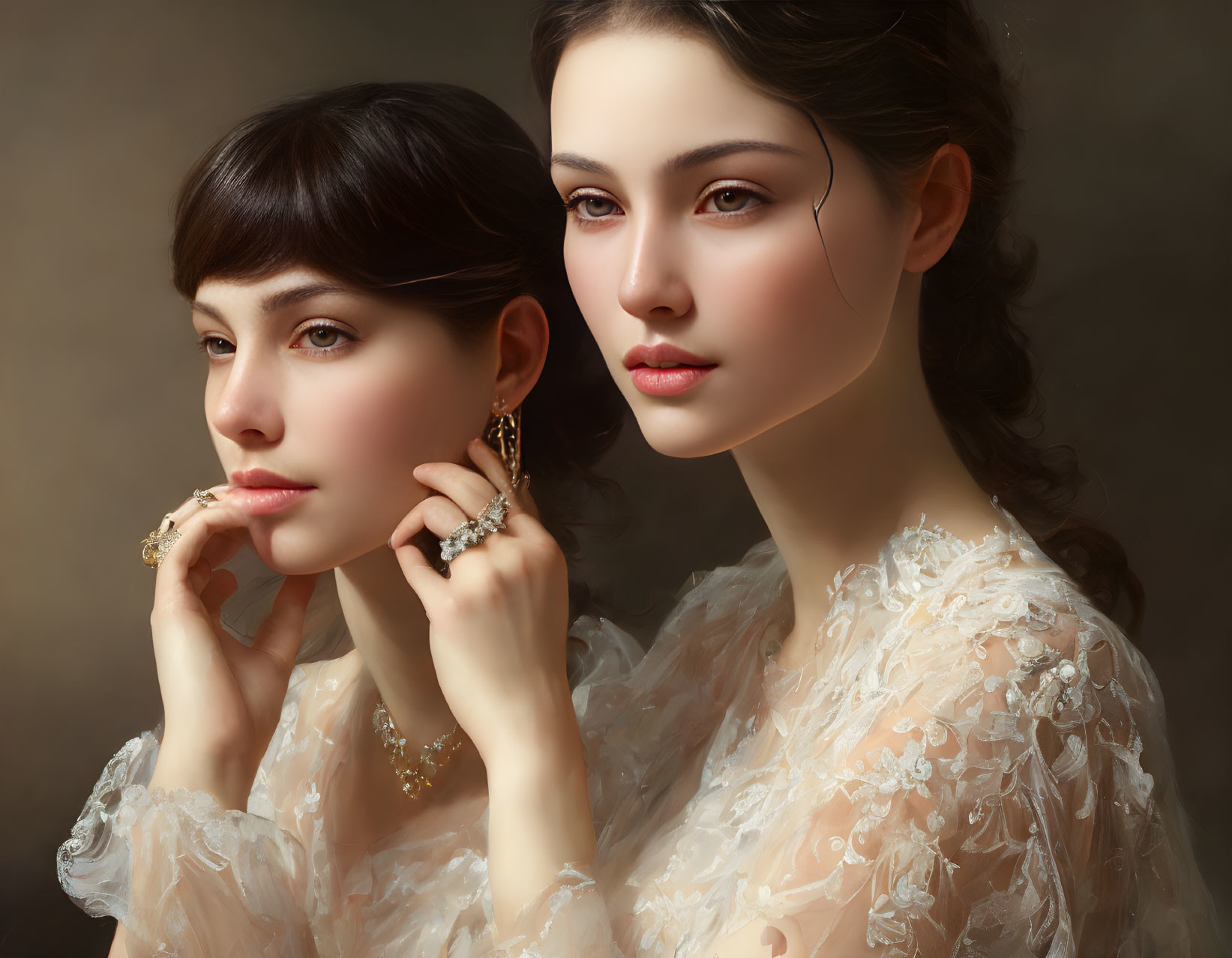 Two women with porcelain complexions in elegant lace attire and intricate jewelry.