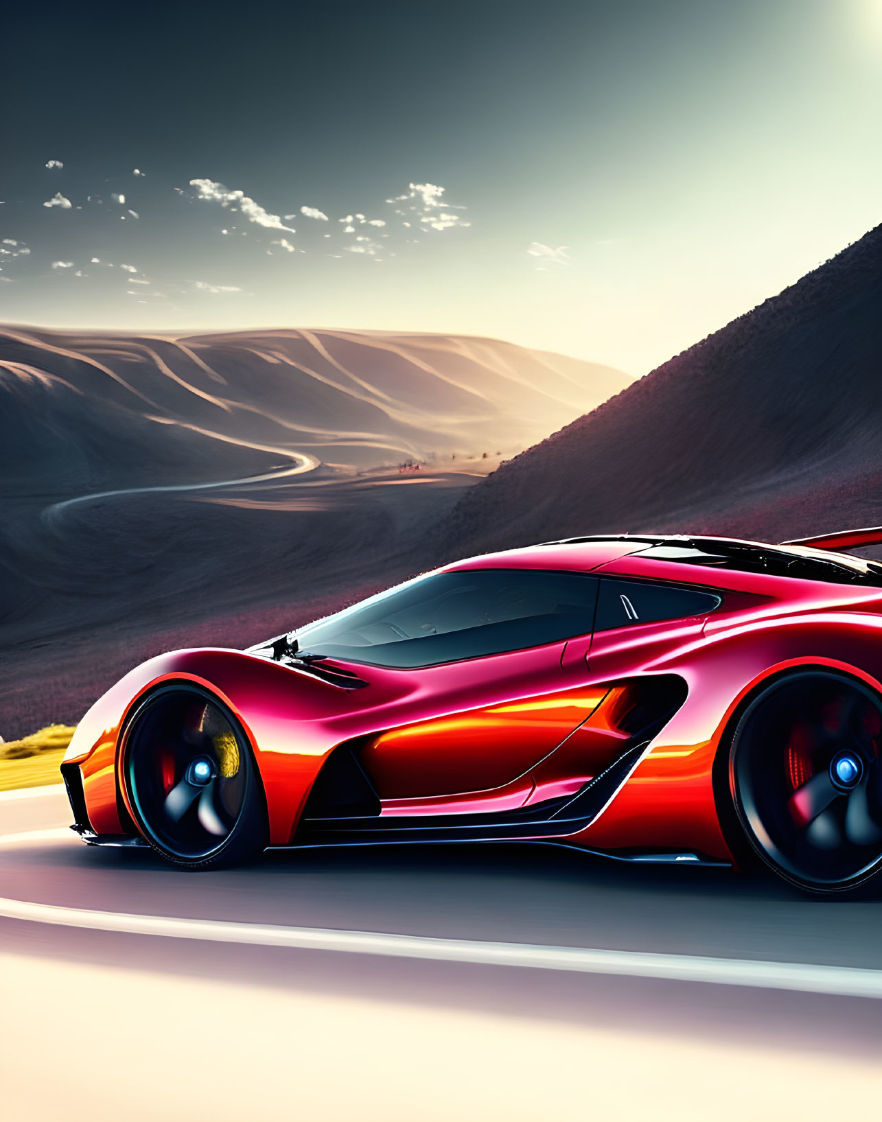 Red sports car racing through desert hills at sunset